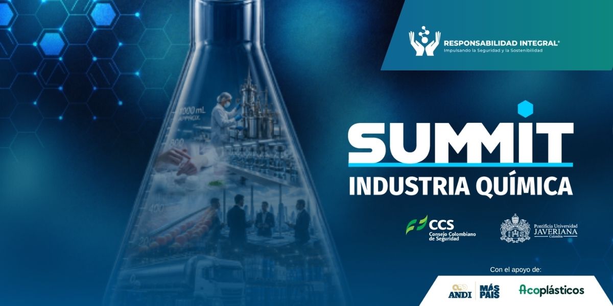 Afiche del SUMMIT Industria Química con un matraz que contiene escenas de laboratorio, planta industrial y transporte